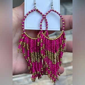 New hot pink and gold western boho dangle rice bead earrings